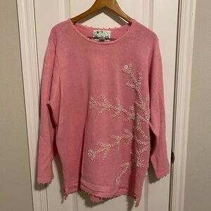 Quacker Factory Vintage Size 1X Pink Snowflake Sequin/Beaded Pullover Sweater